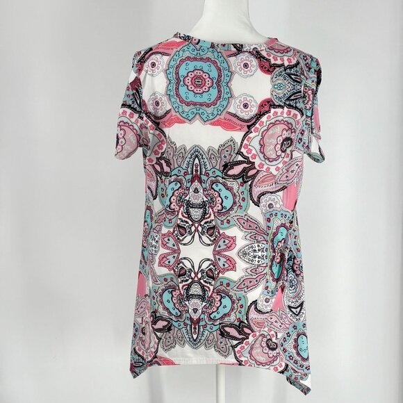 Womens Paisley Print Short-Sleeve Boho Tunic Top Vibrant Pink & Blue Design XL - Picture 3 of 8